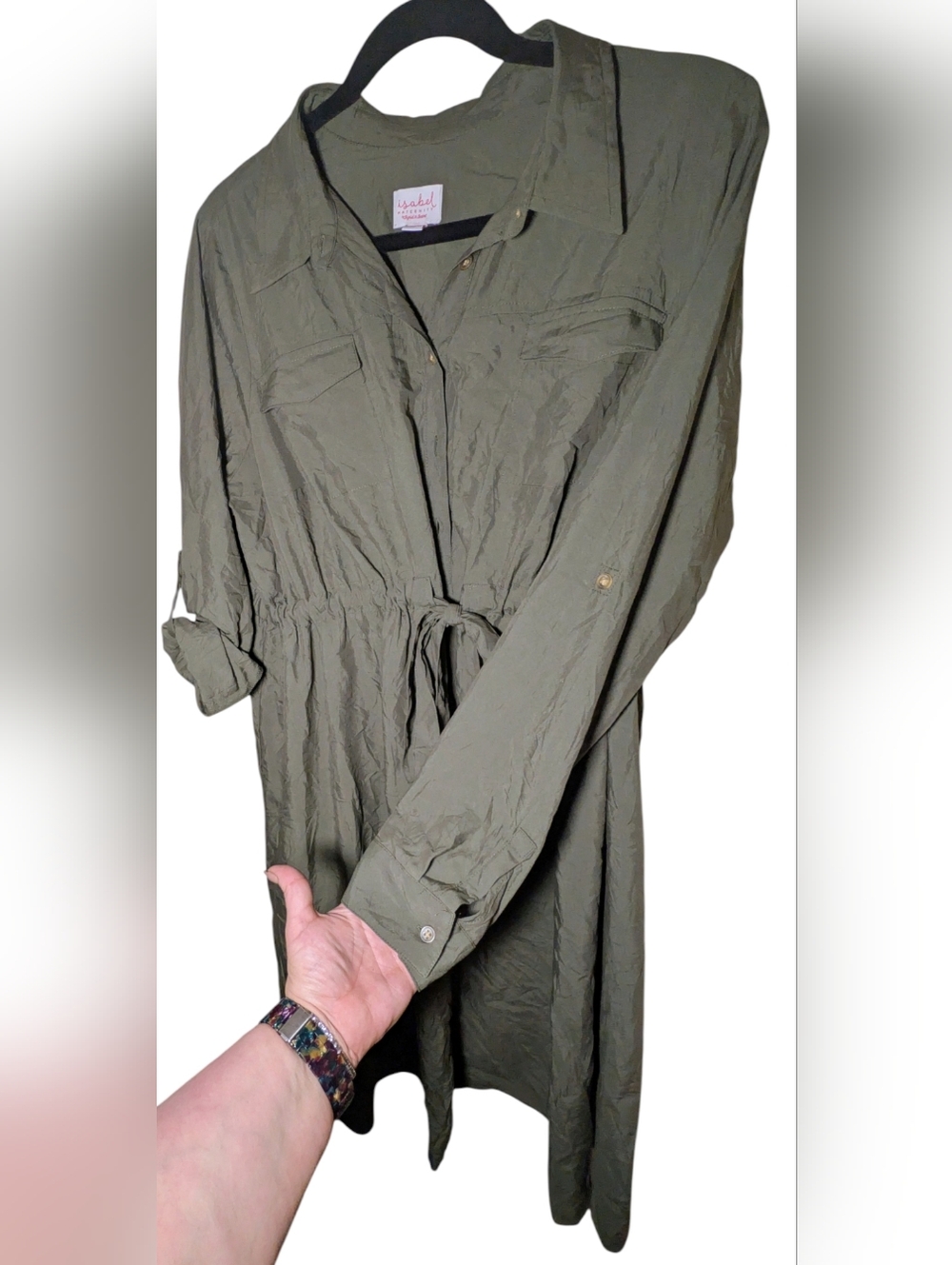 EUC Isabel Maternity Olive Green Roll-Tab Sleeve Midi Shirt Dress XXL - Picture 3 of 6